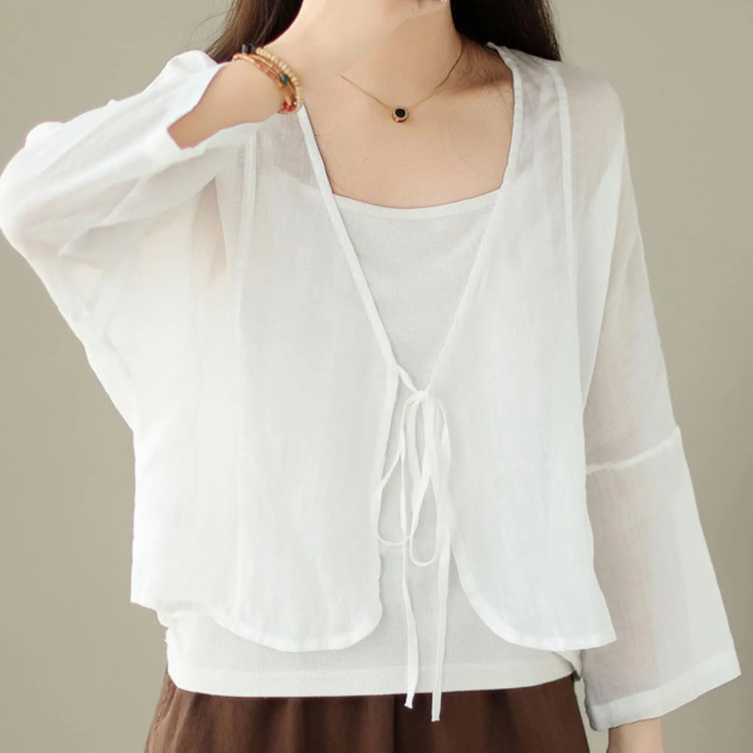 FindThy Womens Tie Front Shrug Casual Sheer Linen V-Neck Long Sleeve Lightweight Oversized Bolero Cardigan