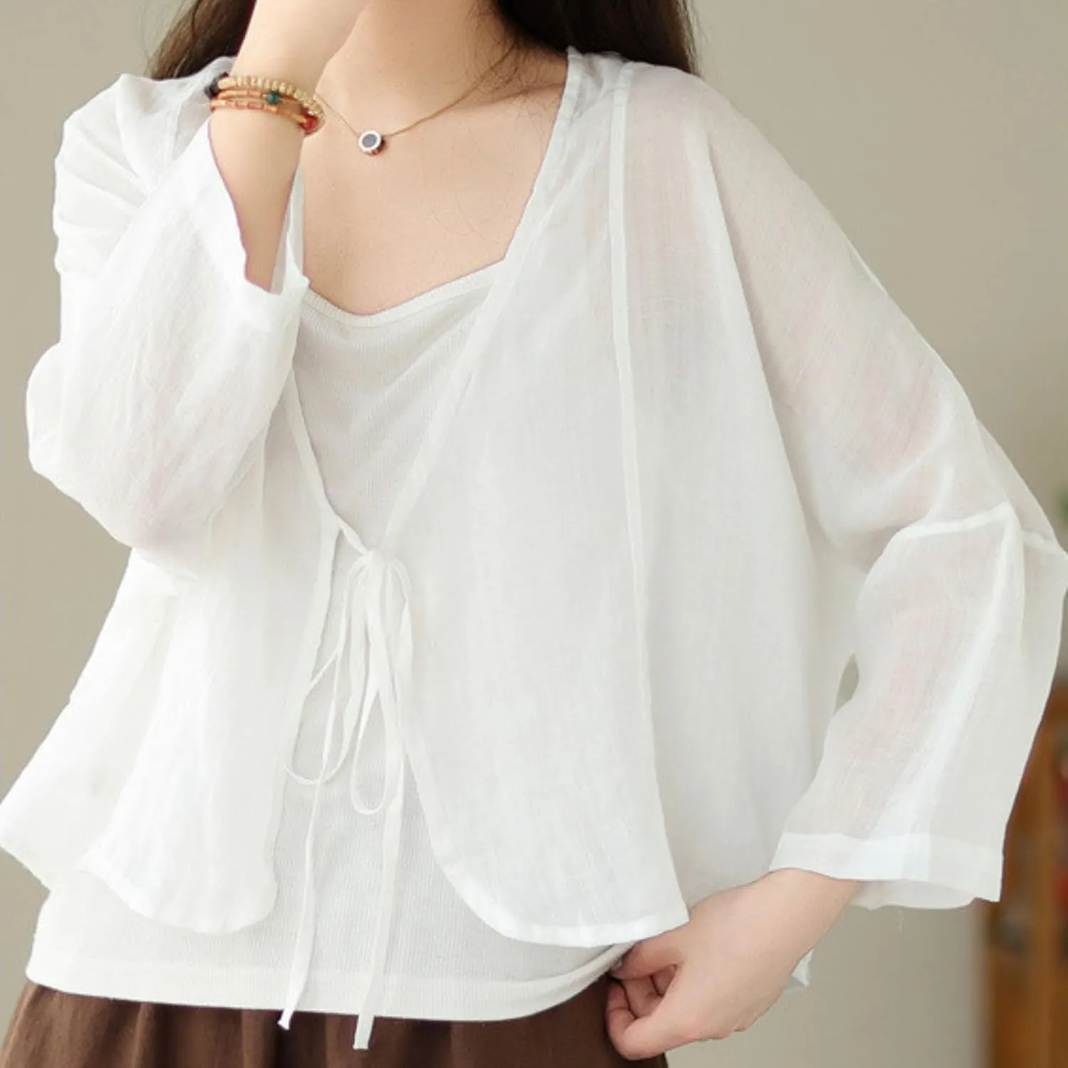 FindThy Womens Tie Front Shrug Casual Sheer Linen V-Neck Long Sleeve Lightweight Oversized Bolero Cardigan