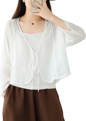 FindThy Womens Tie Front Shrug Casual Sheer Linen V-Neck Long Sleeve Lightweight Oversized Bolero Cardigan