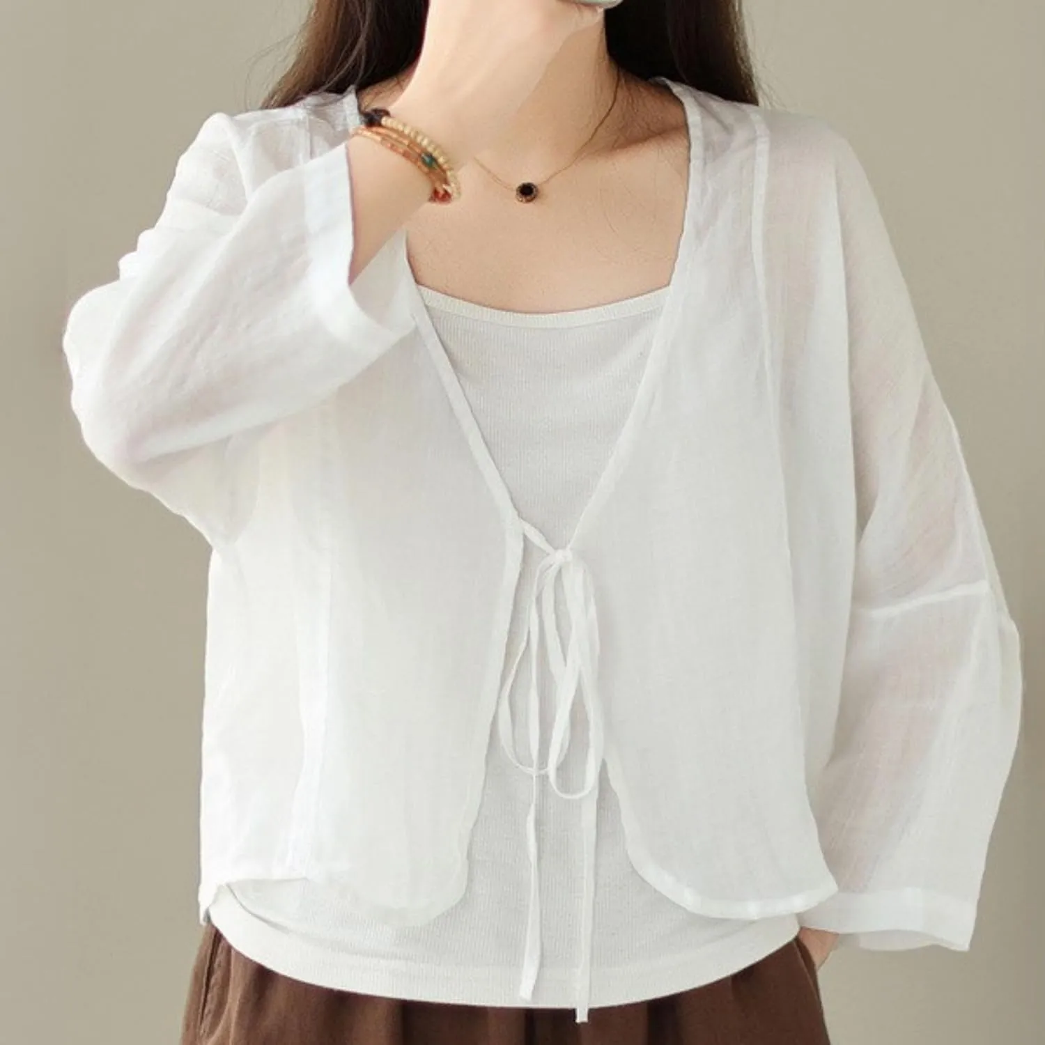 FindThy Womens Tie Front Shrug Casual Sheer Linen V-Neck Long Sleeve Lightweight Oversized Bolero Cardigan