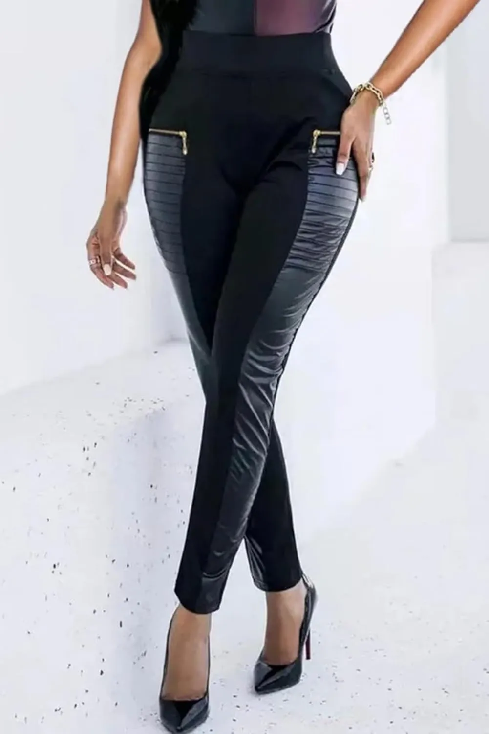 Flamingals Faux Leather Mid Waisted Tummy Control Motorcycle Leggings for Women Stretchy with Pockets Patch Zip