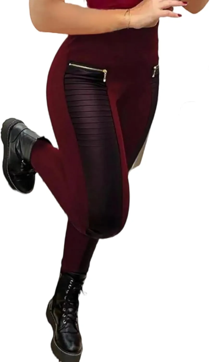 Flamingals Faux Leather Mid Waisted Tummy Control Motorcycle Leggings for Women Stretchy with Pockets Patch Zip