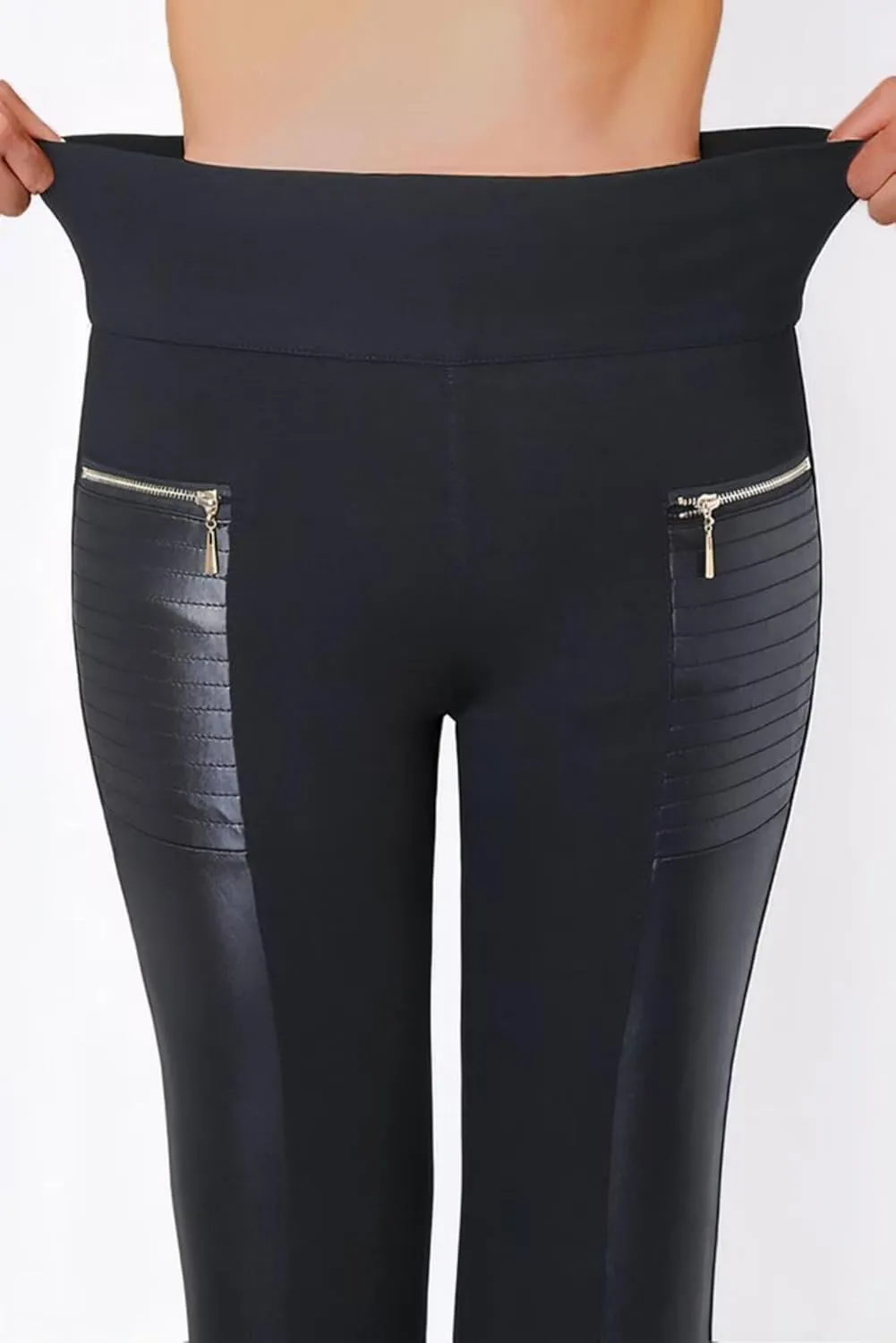 Flamingals Faux Leather Mid Waisted Tummy Control Motorcycle Leggings for Women Stretchy with Pockets Patch Zip
