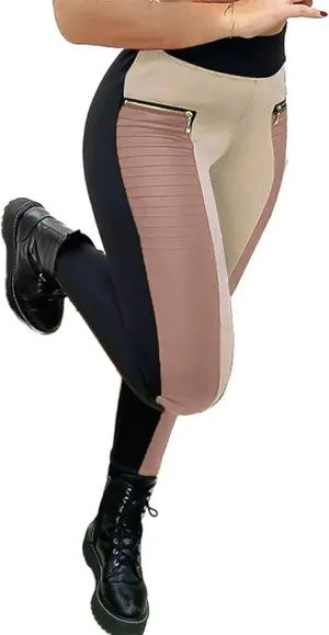 Flamingals Faux Leather Mid Waisted Tummy Control Motorcycle Leggings for Women Stretchy with Pockets Patch Zip