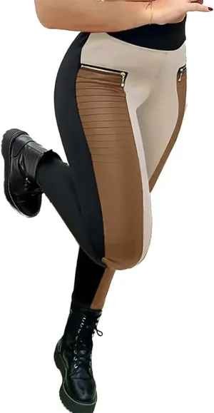 Flamingals Faux Leather Mid Waisted Tummy Control Motorcycle Leggings for Women Stretchy with Pockets Patch Zip