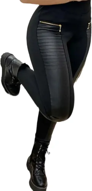 Flamingals Faux Leather Mid Waisted Tummy Control Motorcycle Leggings for Women Stretchy with Pockets Patch Zip