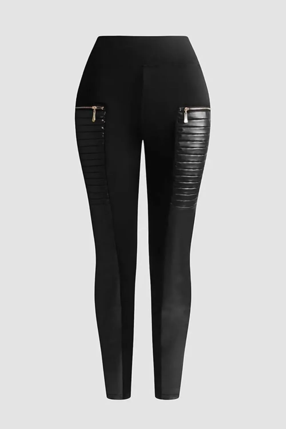 Flamingals Faux Leather Mid Waisted Tummy Control Motorcycle Leggings for Women Stretchy with Pockets Patch Zip