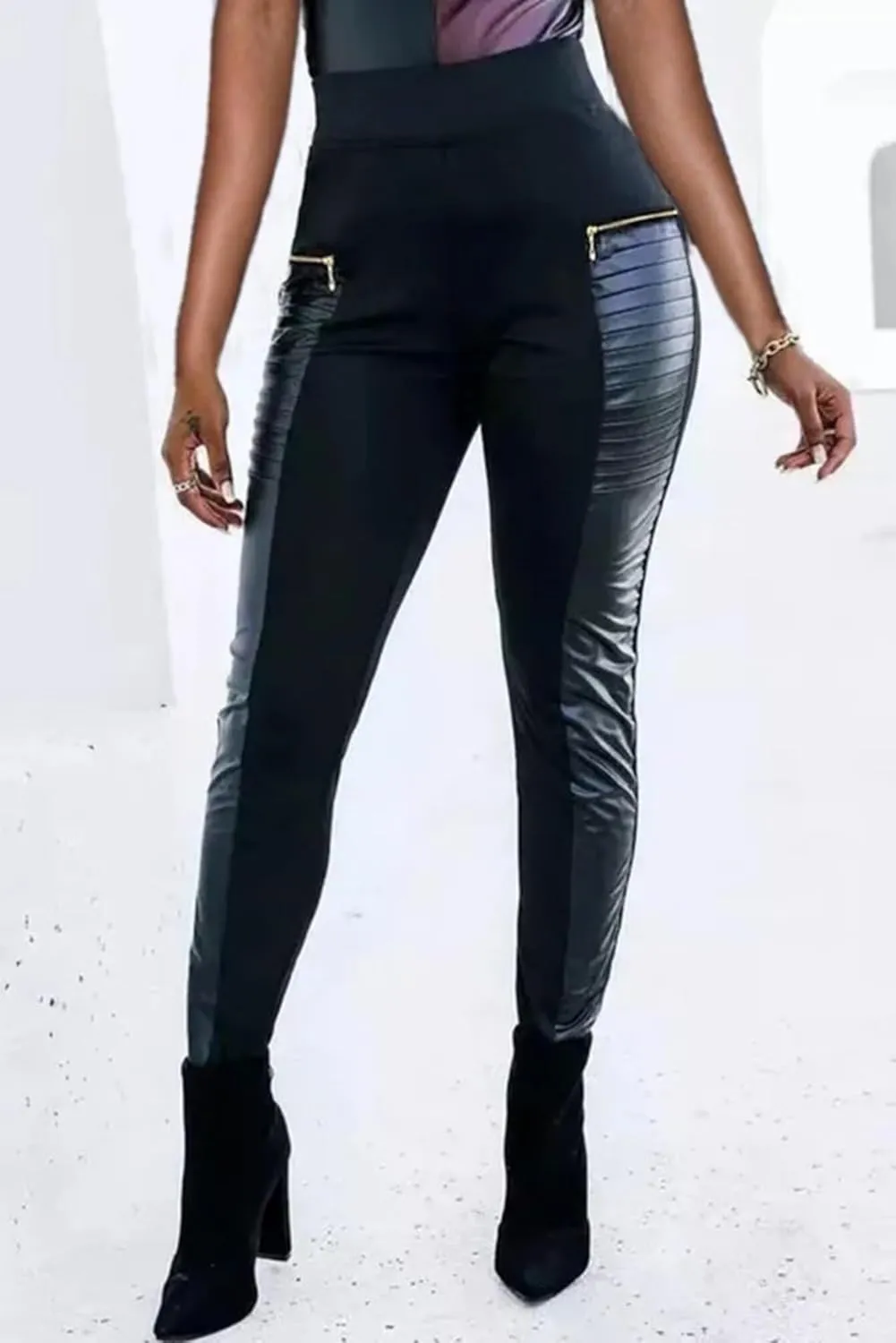 Flamingals Faux Leather Mid Waisted Tummy Control Motorcycle Leggings for Women Stretchy with Pockets Patch Zip