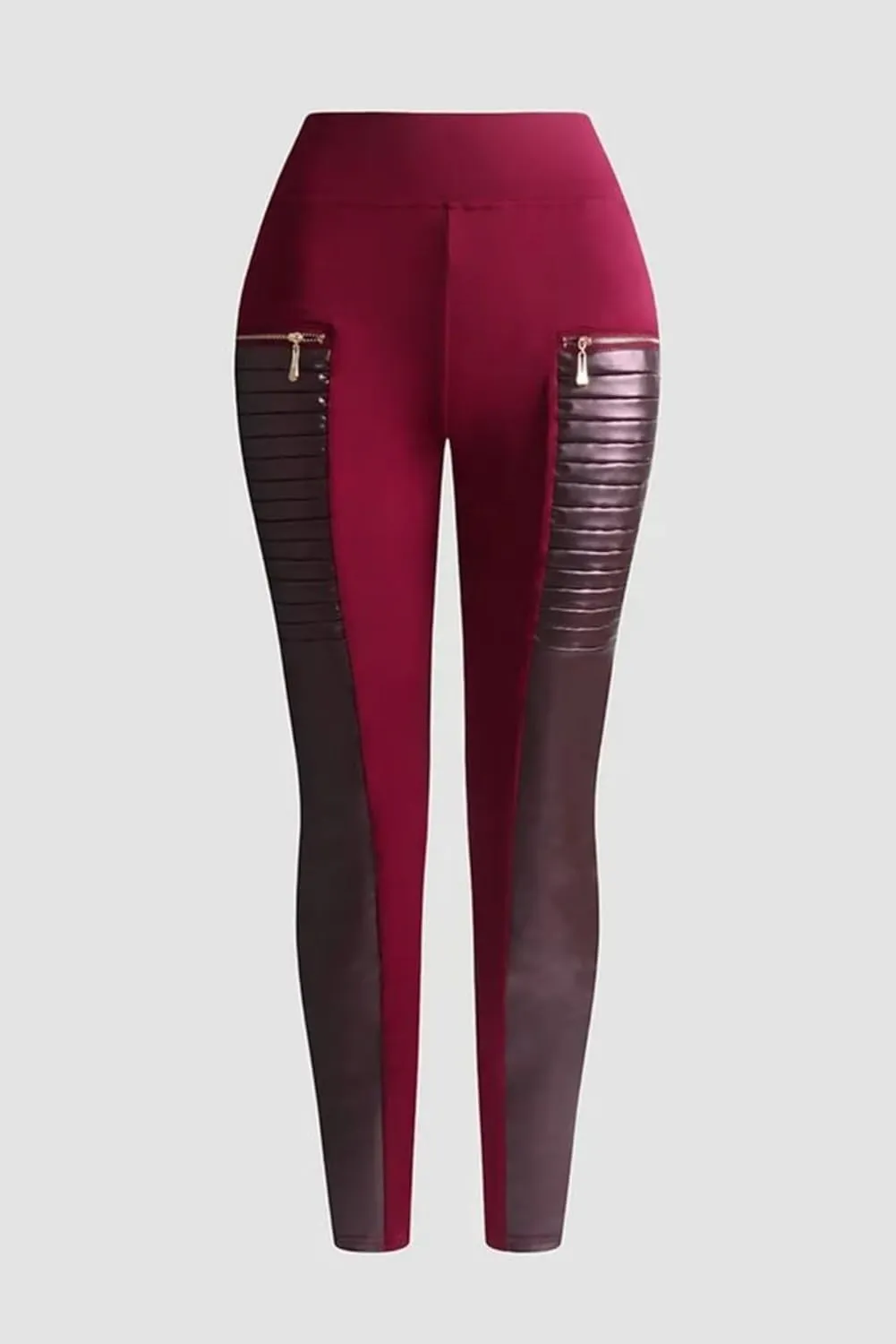 Flamingals Faux Leather Mid Waisted Tummy Control Motorcycle Leggings for Women Stretchy with Pockets Patch Zip