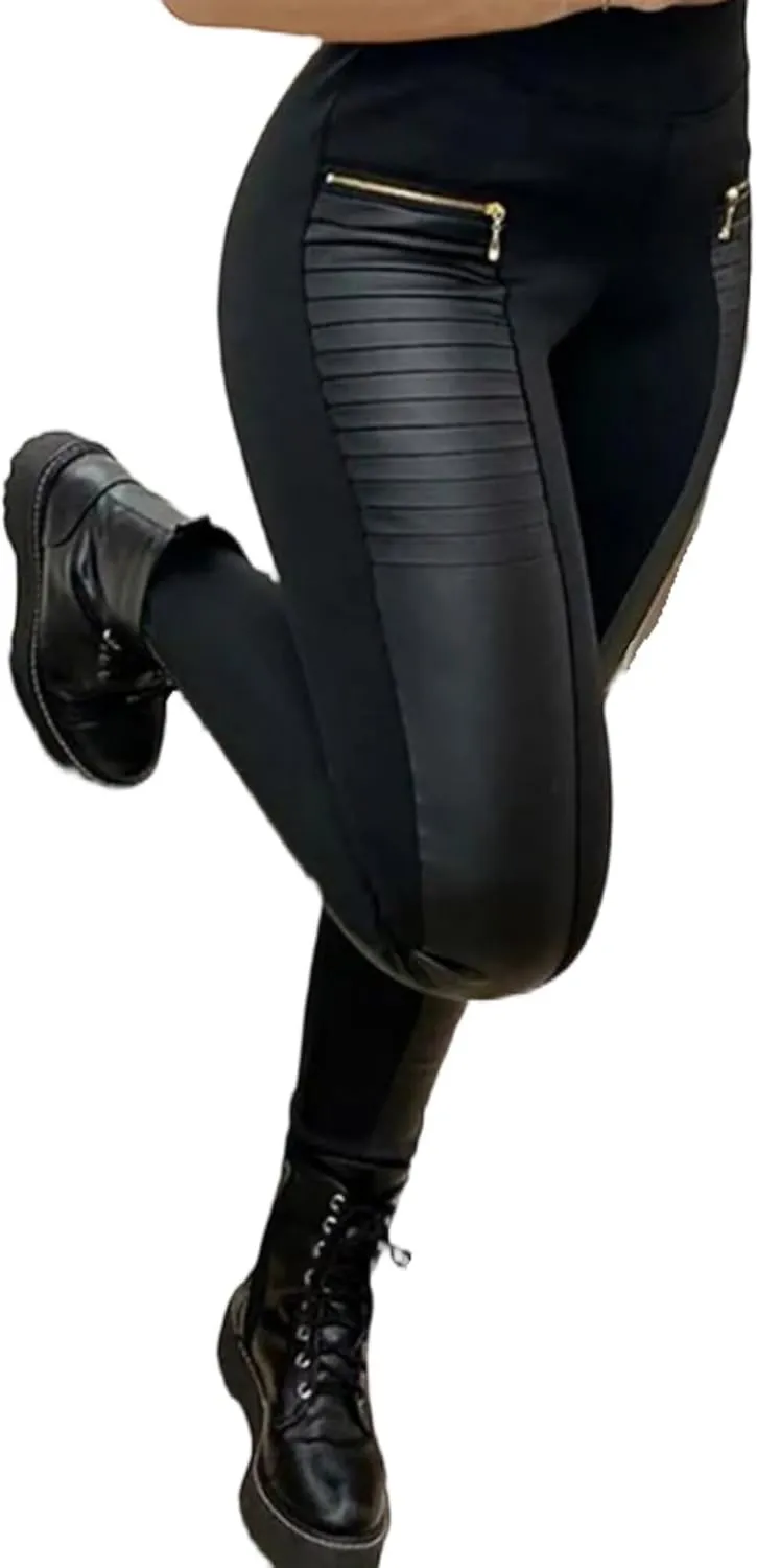 Flamingals Faux Leather Mid Waisted Tummy Control Motorcycle Leggings for Women Stretchy with Pockets Patch Zip