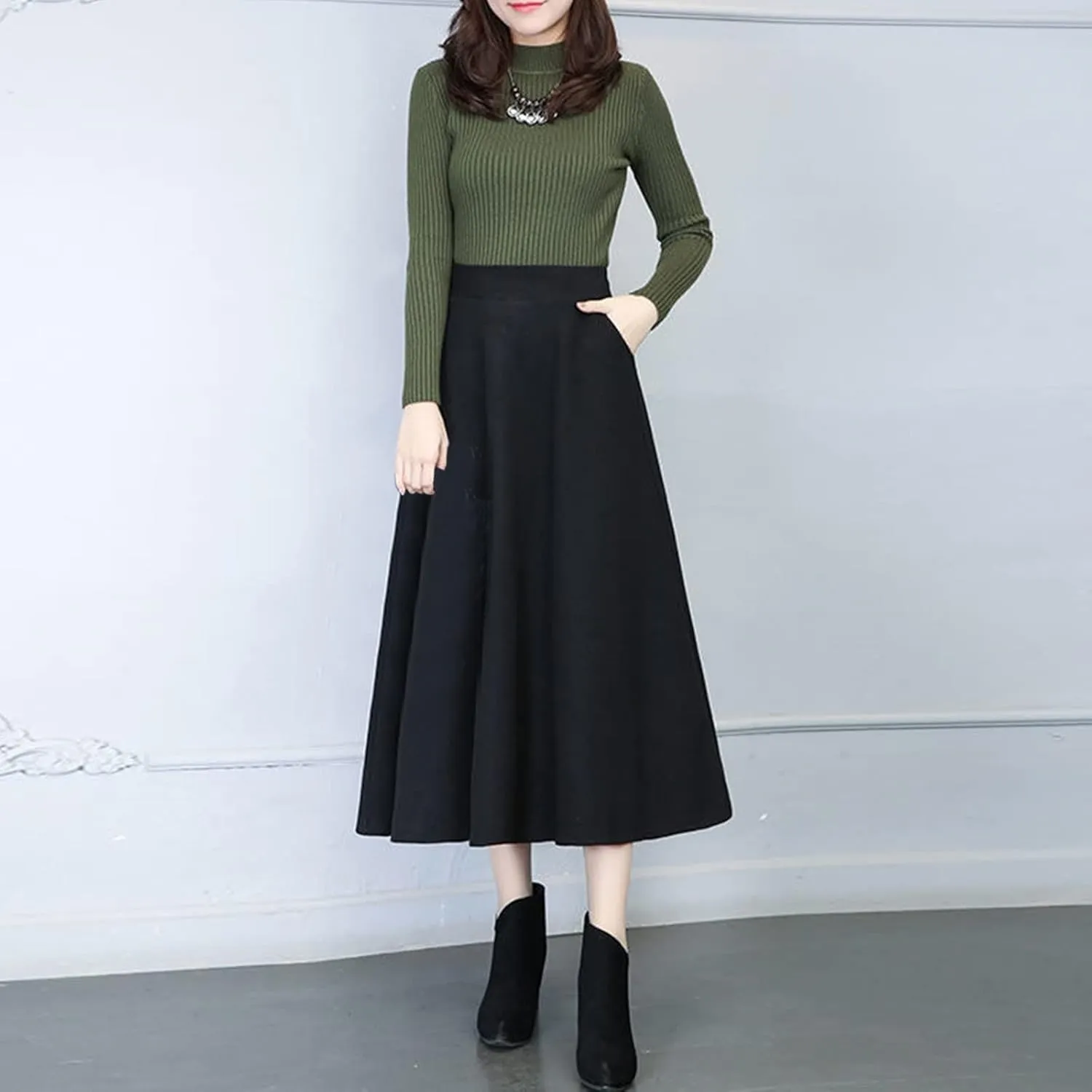 Flare Skirt Womens Winter Vintage High Elastic Waist A Line Pleated Wool Midi Skirt Lady Skirt Table Skirts
