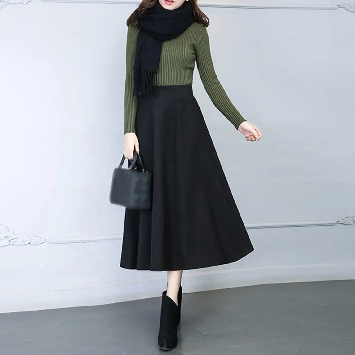 Flare Skirt Womens Winter Vintage High Elastic Waist A Line Pleated Wool Midi Skirt Lady Skirt Table Skirts