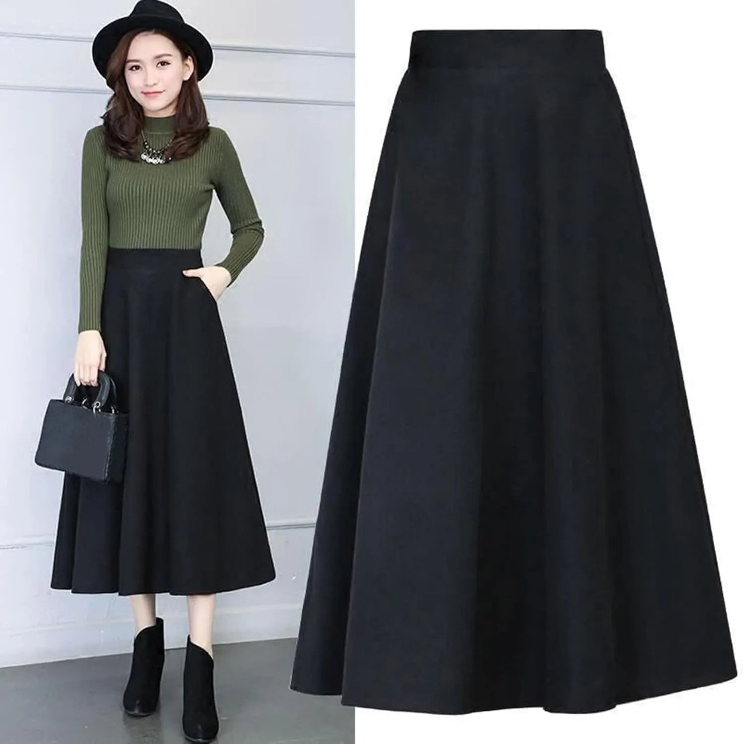 Flare Skirt Womens Winter Vintage High Elastic Waist A Line Pleated Wool Midi Skirt Lady Skirt Table Skirts