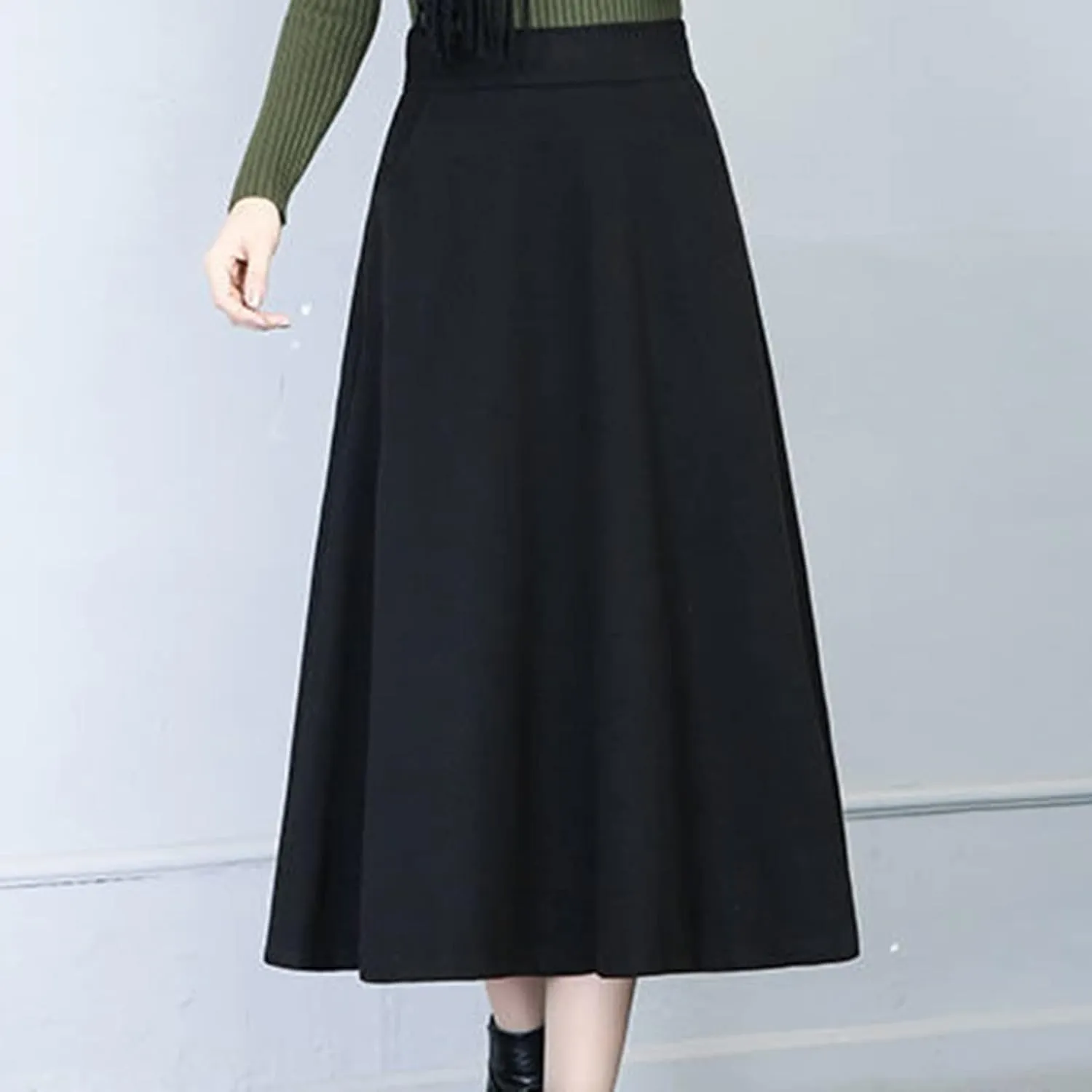 Flare Skirt Womens Winter Vintage High Elastic Waist A Line Pleated Wool Midi Skirt Lady Skirt Table Skirts