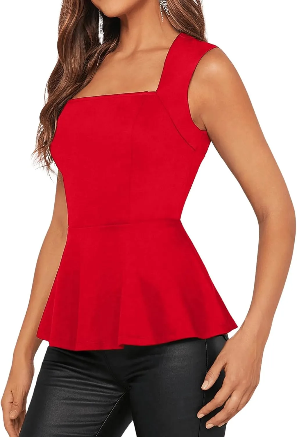 Floerns Women's Square Neck Peplum Tank Top Sleeveless Ruffle Hem Solid Elegant Tops