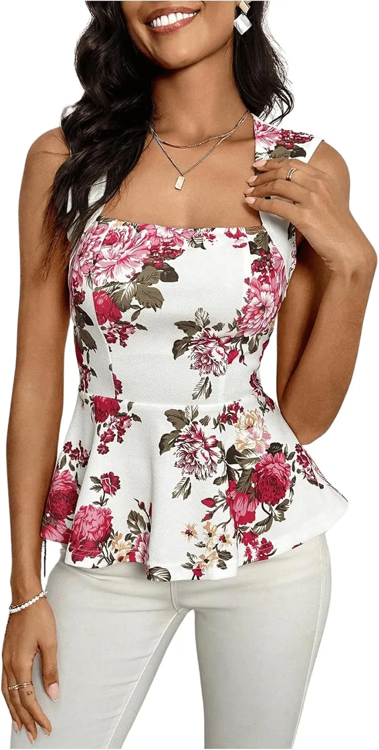 Floerns Women's Square Neck Peplum Tank Top Sleeveless Ruffle Hem Solid Elegant Tops