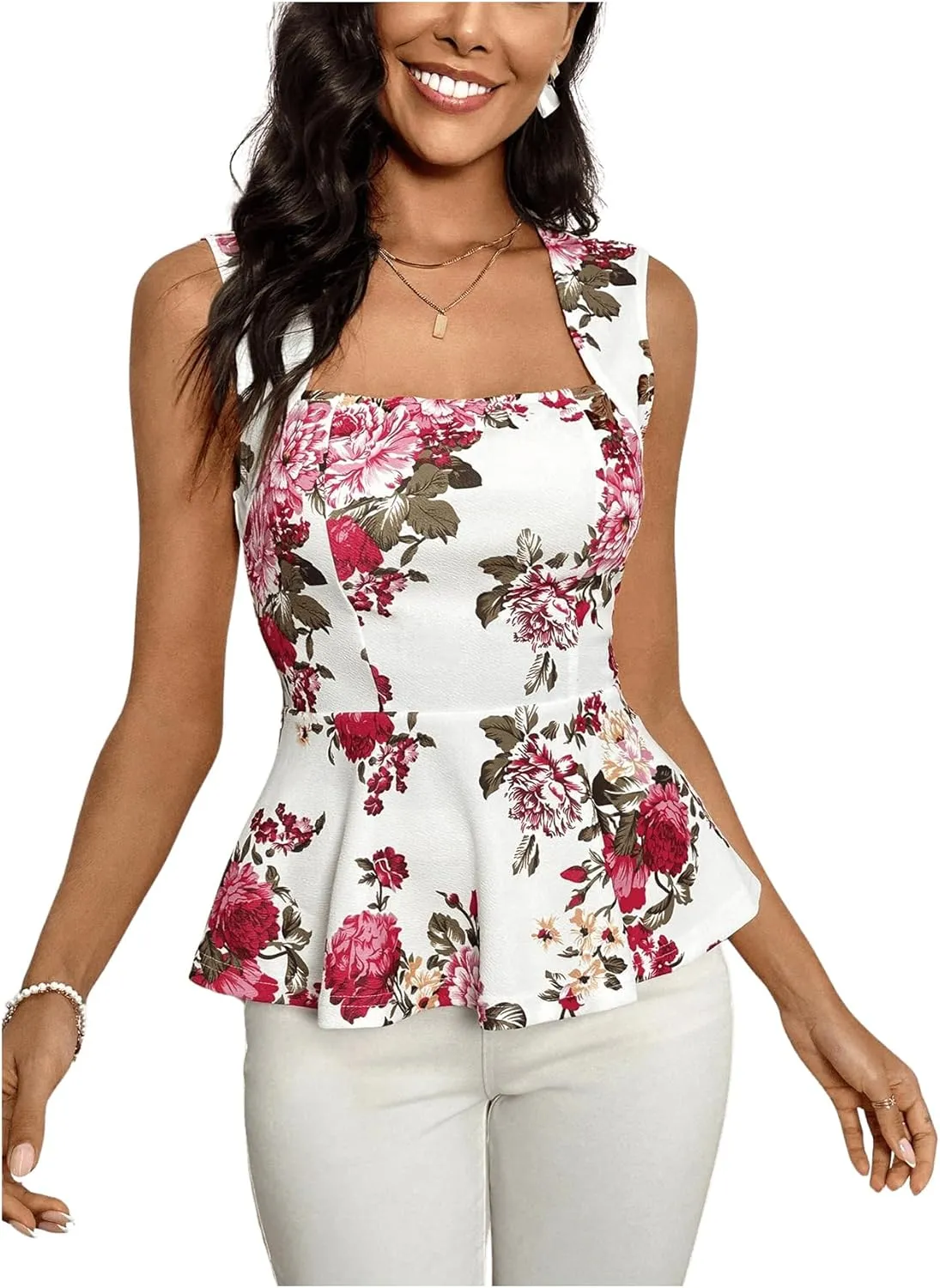 Floerns Women's Square Neck Peplum Tank Top Sleeveless Ruffle Hem Solid Elegant Tops