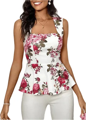 Floerns Women's Square Neck Peplum Tank Top Sleeveless Ruffle Hem Solid Elegant Tops