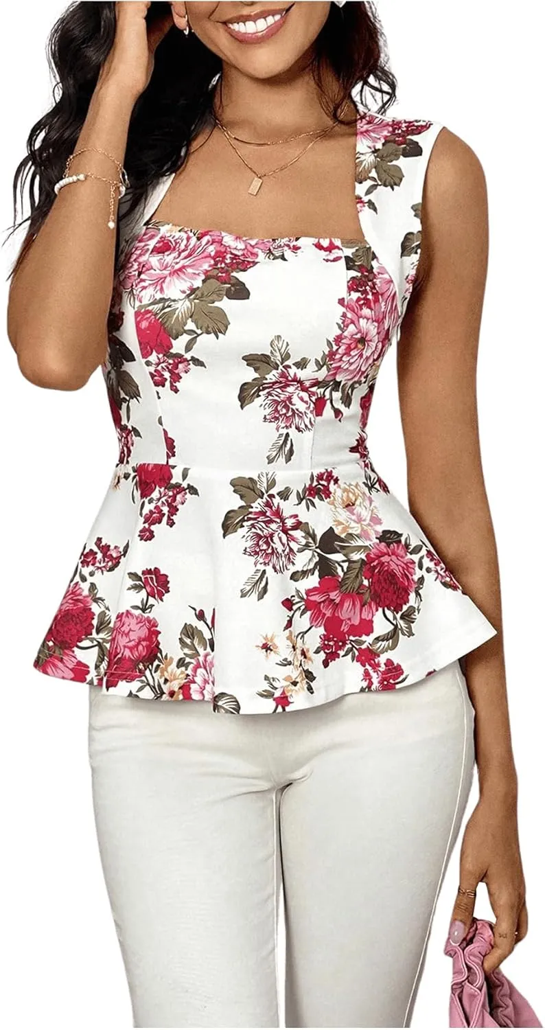 Floerns Women's Square Neck Peplum Tank Top Sleeveless Ruffle Hem Solid Elegant Tops