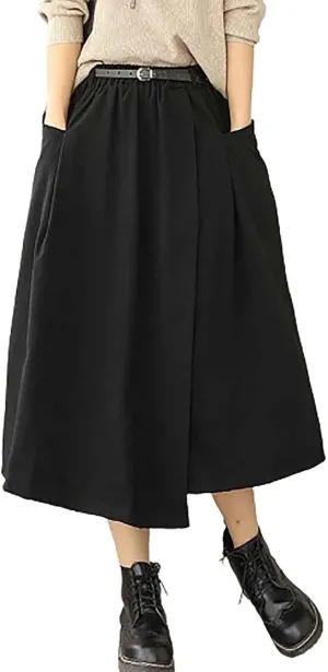 FZYLQY New Womens A-Line Midi Skirts Casual Elastic High Waist Flowy Swing Pleated Beach Boho Long Skirt with Pocket