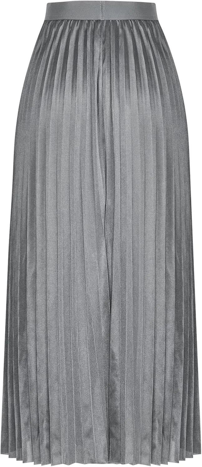 FZYLQY Women's Satin Metallic Pleated Skirts Elastic High Waist Flare Casual Long Swing A-Line Skirt Shiny Flowy Midi Skirt