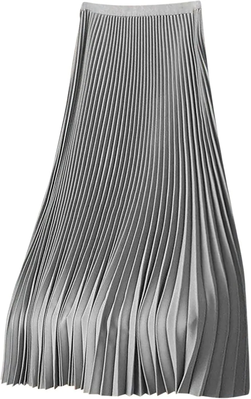FZYLQY Women's Satin Metallic Pleated Skirts Elastic High Waist Flare Casual Long Swing A-Line Skirt Shiny Flowy Midi Skirt
