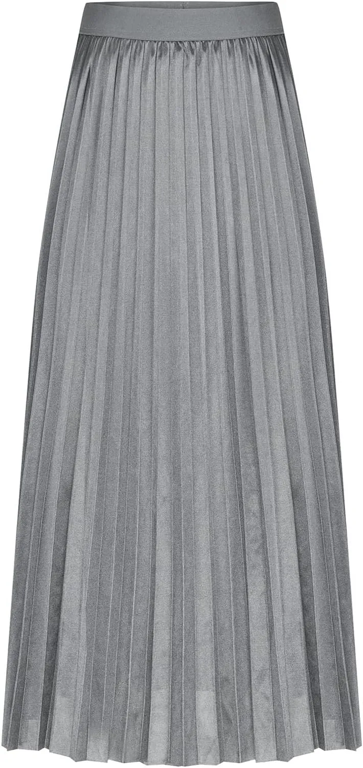 FZYLQY Women's Satin Metallic Pleated Skirts Elastic High Waist Flare Casual Long Swing A-Line Skirt Shiny Flowy Midi Skirt