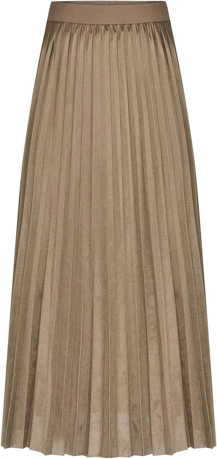 FZYLQY Women's Satin Metallic Pleated Skirts Elastic High Waist Flare Casual Long Swing A-Line Skirt Shiny Flowy Midi Skirt