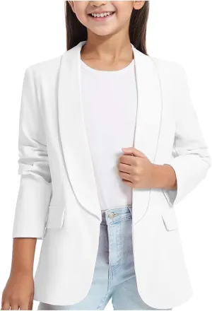 Girls Solid Blazer Jacket Long Sleeve Shawl Collar Open Front Inner Pocket Formal Blazers for Kids Size 3-14 Year