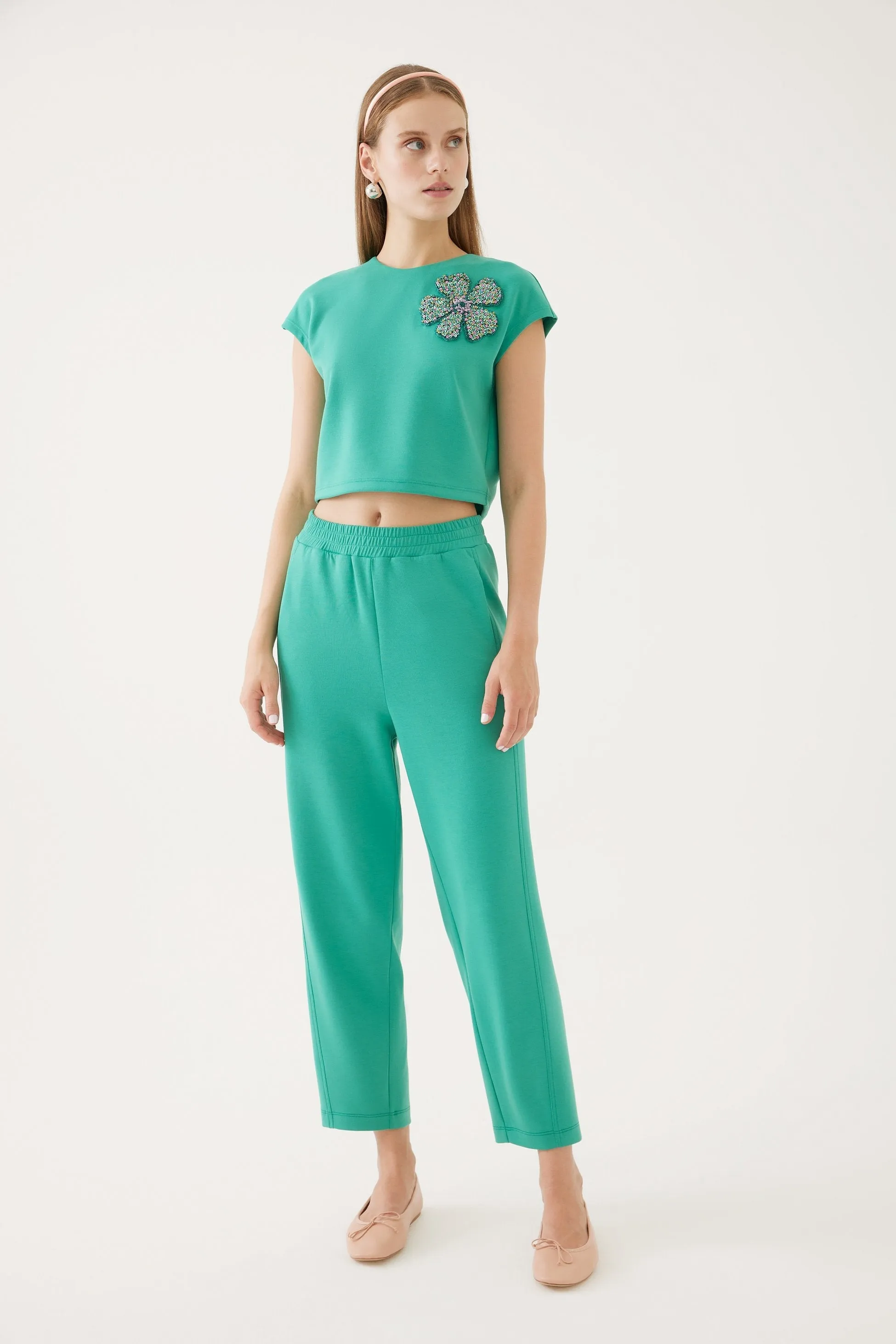 Green Elastic Waist Knit Pants
