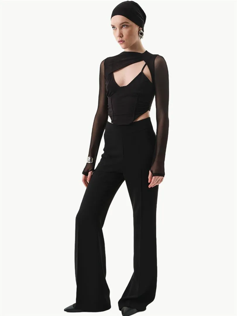 Hidden Zippered Loose Leg Flowing Pants - Black