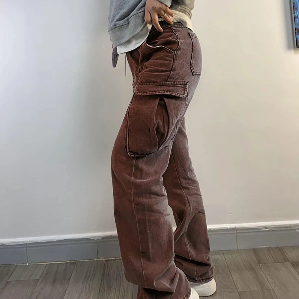 High Waist Baggy Cargo Jeans for Women Flap Pocket Relaxed Fit Straight Wide Leg Y2K Fashion Jeans