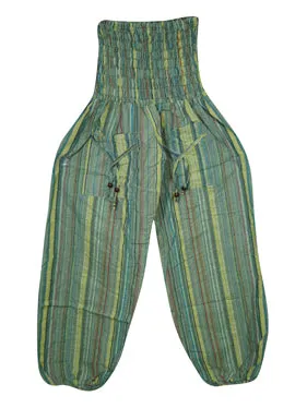 Hippie Harem Pants, Green Stripe Print Hippie Baggy Yoga Pants S/M/L