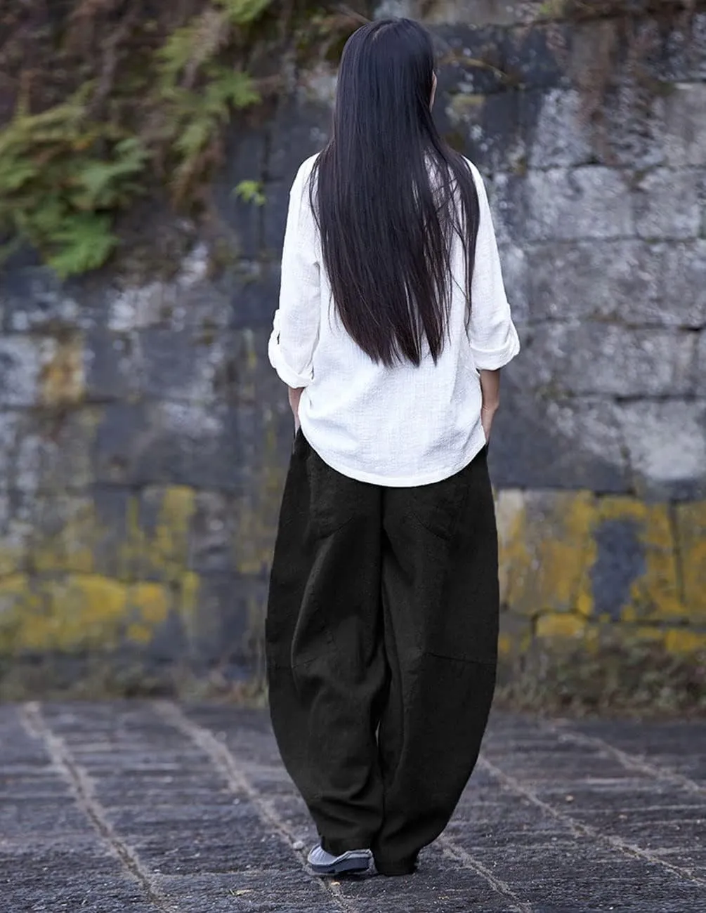 IXIMO Women's Cotton Linen Pants Casual Elastic Waist Lantern Slacks Loose Fit Baggy Patchwork Trousers