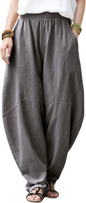 IXIMO Women's Cotton Linen Pants Casual Elastic Waist Lantern Slacks Loose Fit Baggy Patchwork Trousers