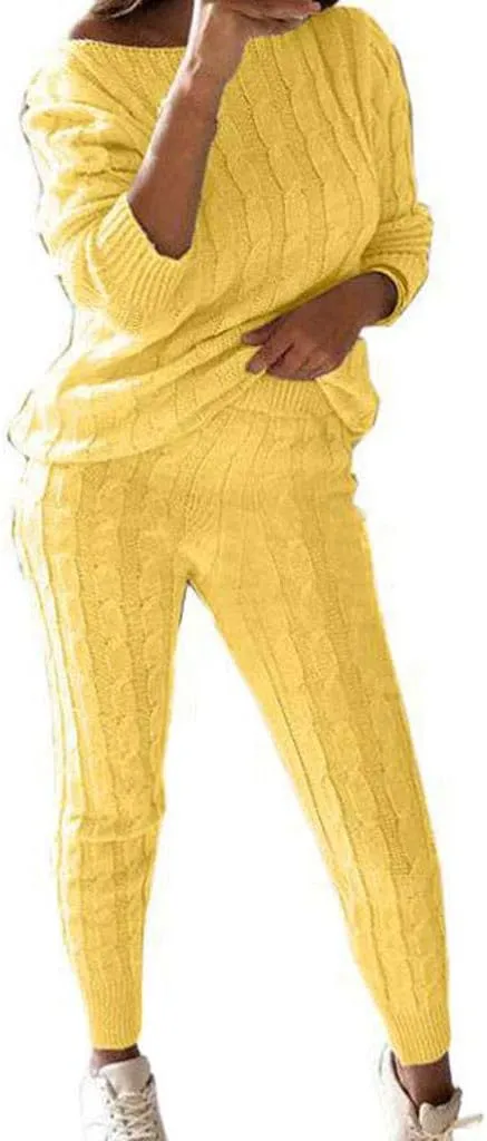 Jumpsuits for Women Wide Leg Suit Neck Round Loungewear 2PC Womens Warm Ladies Knitted Set Fall Pants Set for