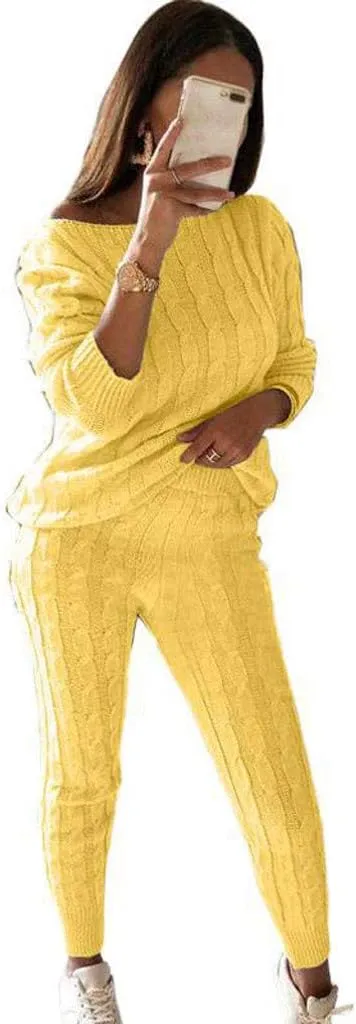 Jumpsuits for Women Wide Leg Suit Neck Round Loungewear 2PC Womens Warm Ladies Knitted Set Fall Pants Set for