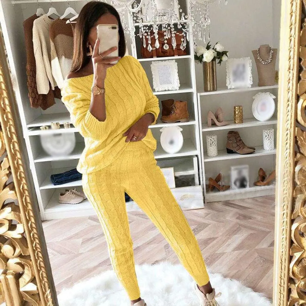Jumpsuits for Women Wide Leg Suit Neck Round Loungewear 2PC Womens Warm Ladies Knitted Set Fall Pants Set for