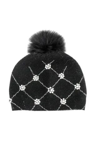 Knit Hat with Pearls Fox Pom