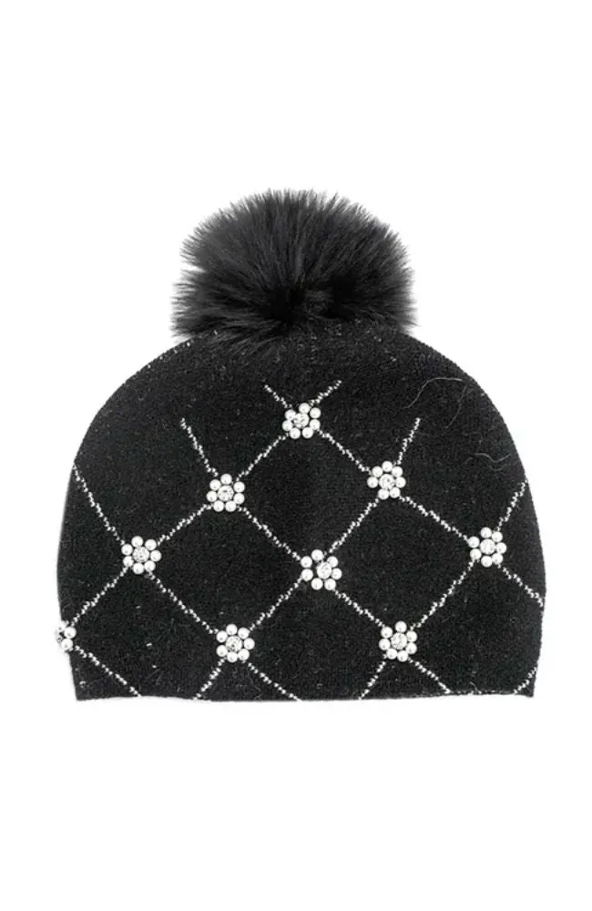 Knit Hat with Pearls Fox Pom