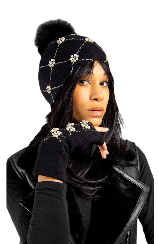Knit Hat with Pearls Fox Pom