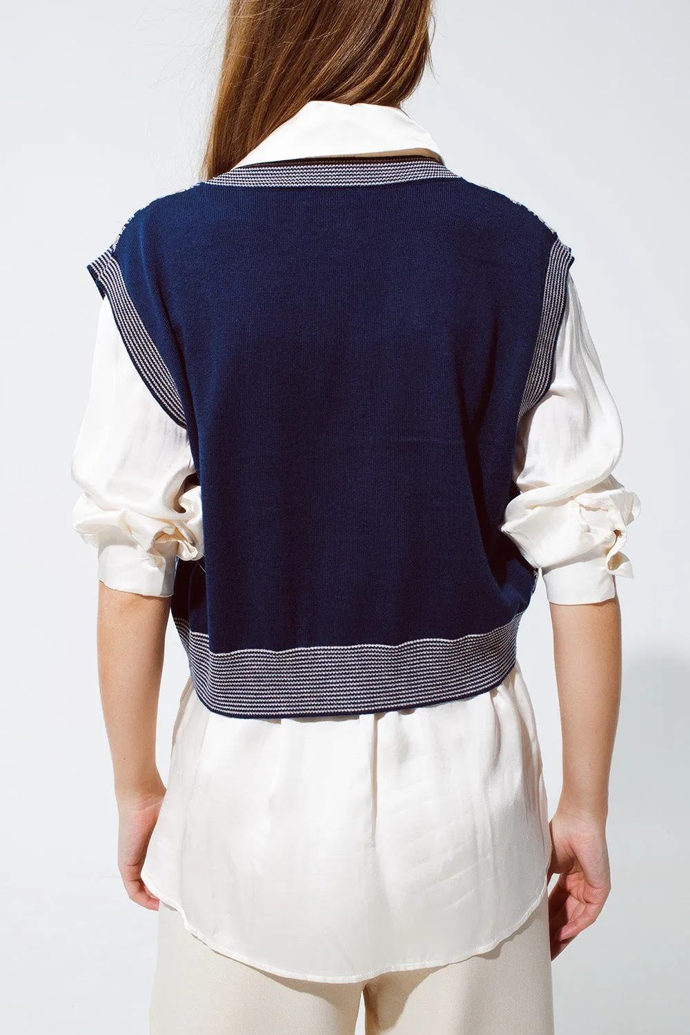 Knitted Cropped Vest With Rib Trim in blue