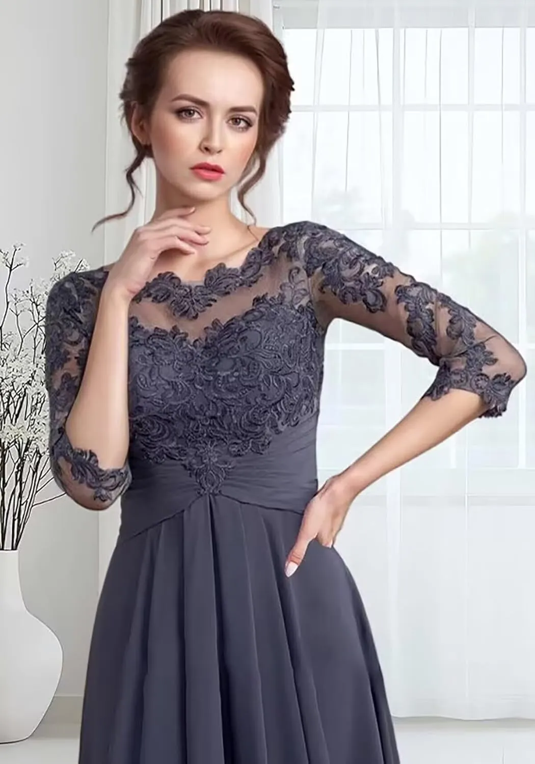 Lace Chiffon 3/4 Sleeve Mother of The Bride Dresses for Wedding High Low Formal Evening Party Gown