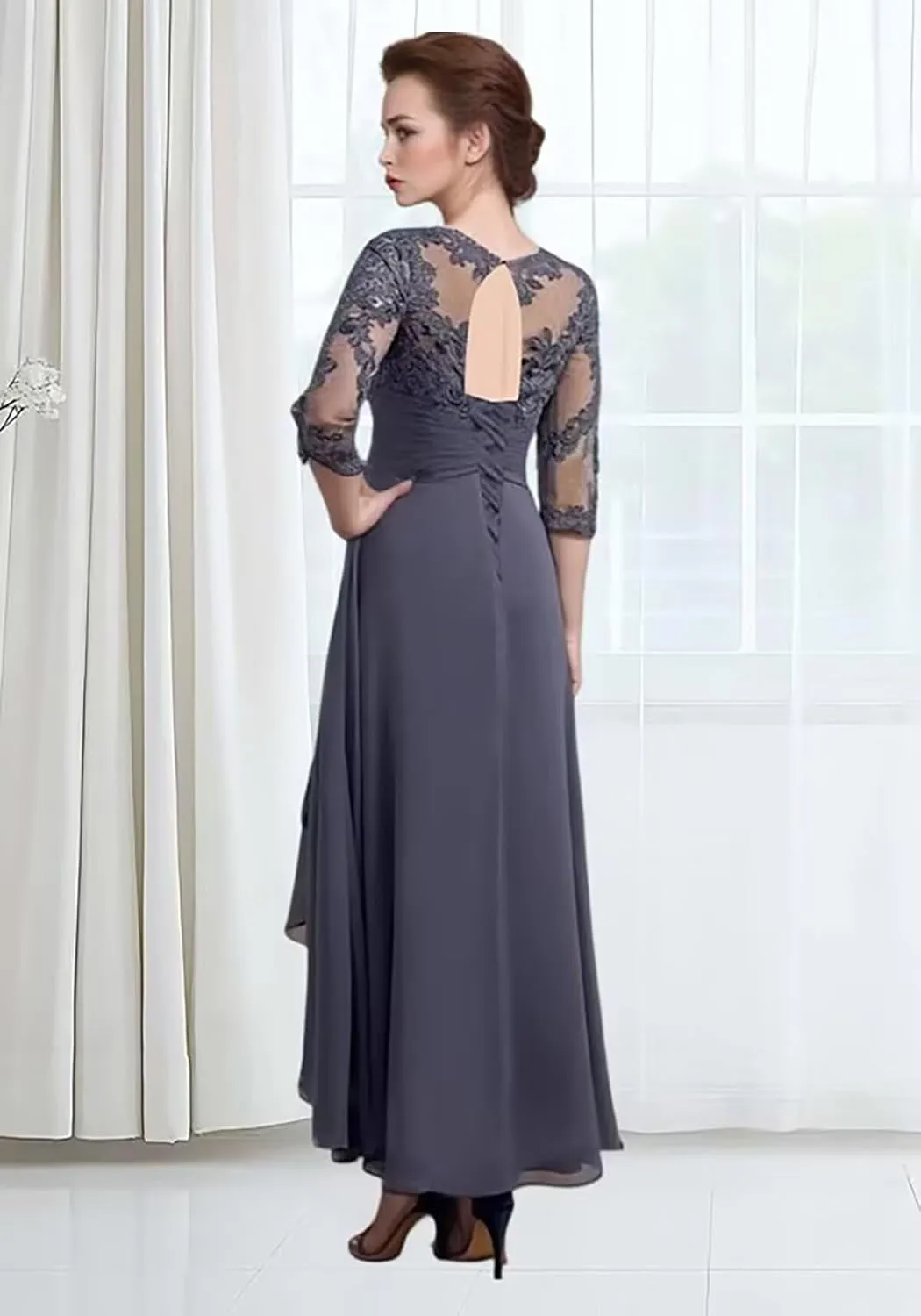 Lace Chiffon 3/4 Sleeve Mother of The Bride Dresses for Wedding High Low Formal Evening Party Gown