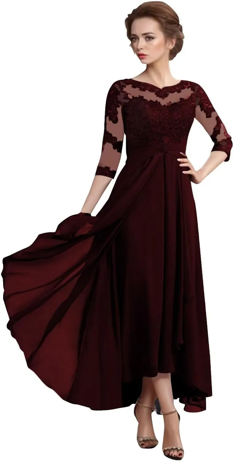 Lace Chiffon 3/4 Sleeve Mother of The Bride Dresses for Wedding High Low Formal Evening Party Gown
