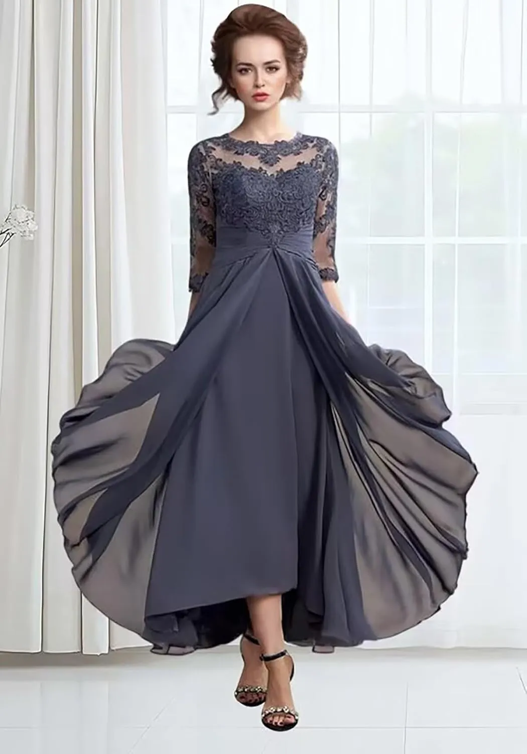 Lace Chiffon 3/4 Sleeve Mother of The Bride Dresses for Wedding High Low Formal Evening Party Gown