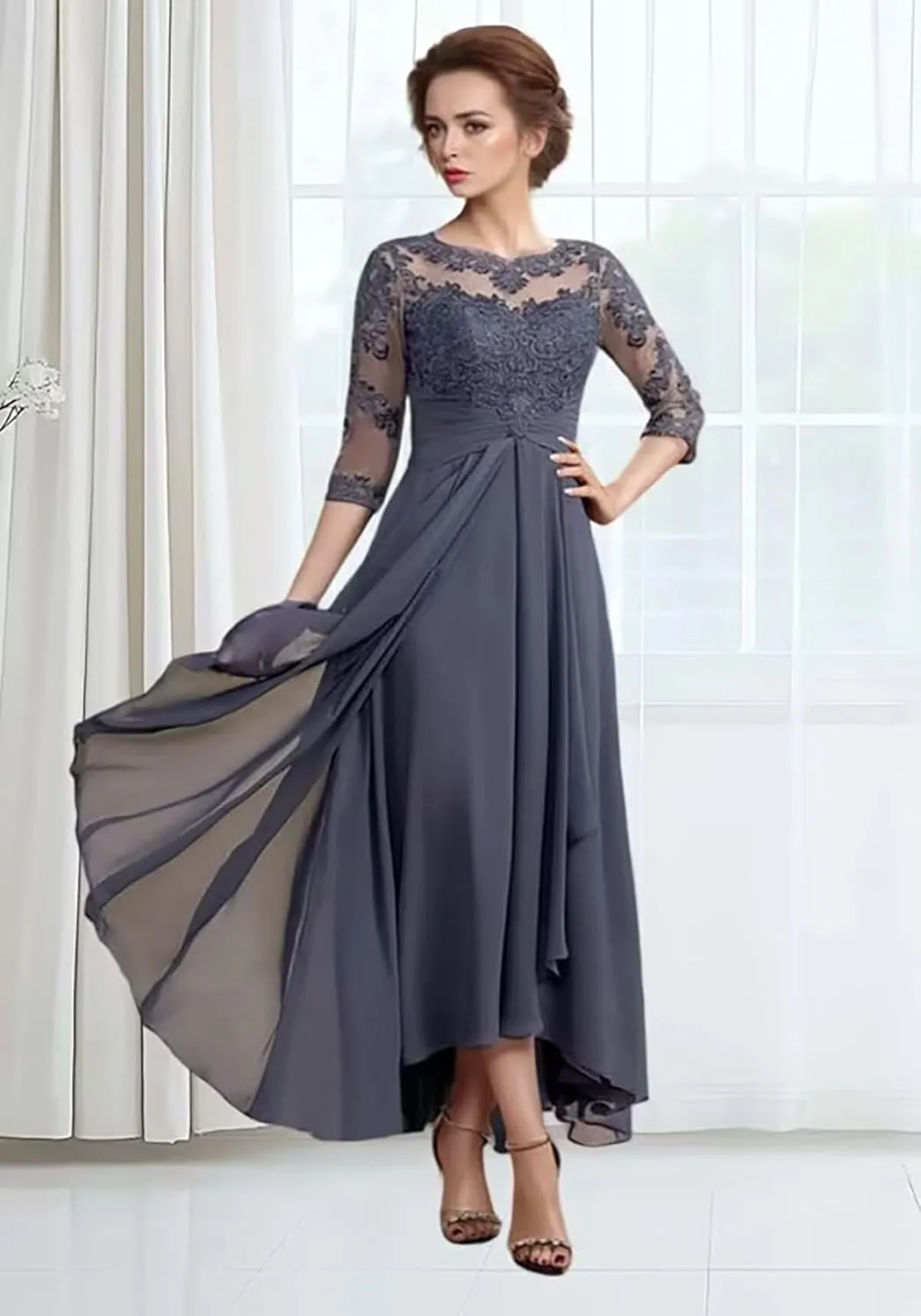 Lace Chiffon 3/4 Sleeve Mother of The Bride Dresses for Wedding High Low Formal Evening Party Gown