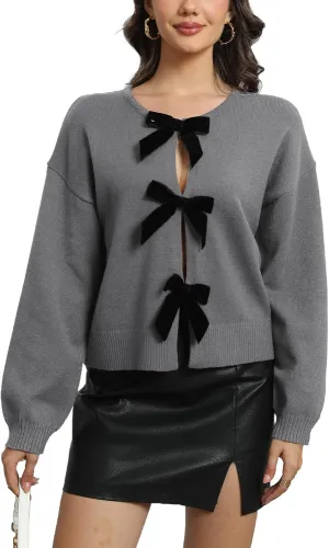 Ladyful Womens Bow Tie Front Cardigan Long Sleeve Cropped Sweater Open Front Trendy Knit Top Coat