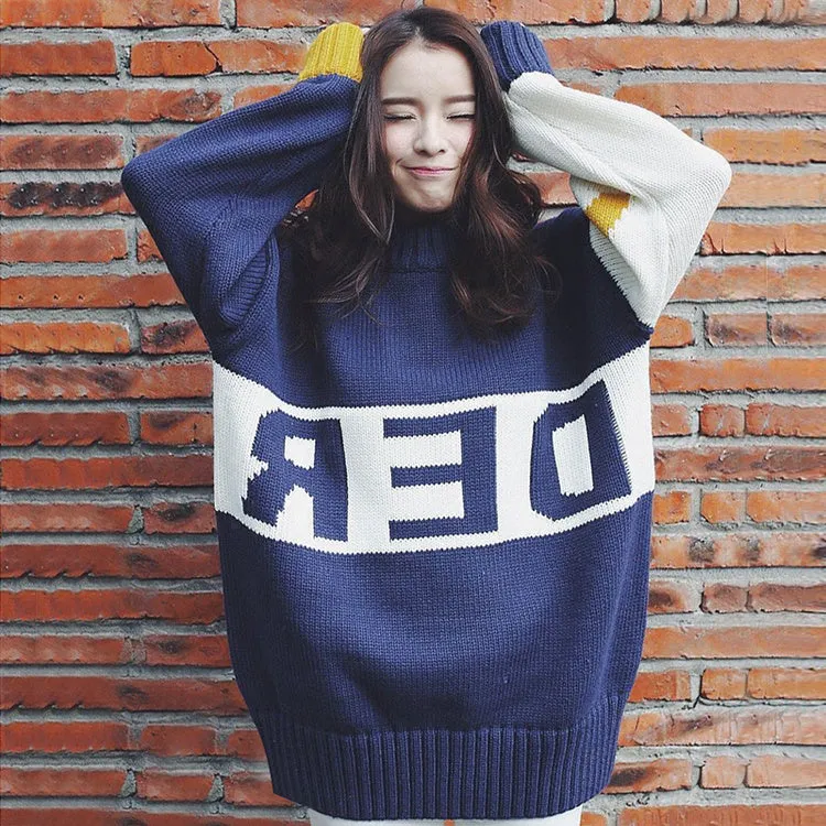 Letter Print Patchwork Loose Knitwear Sweater