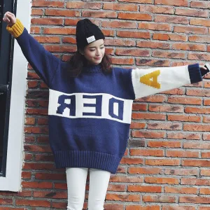 Letter Print Patchwork Loose Knitwear Sweater